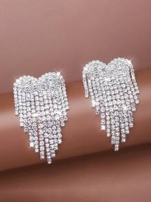 1對時尚心形流蘇耳環,鑲有鑽石裝飾,適合女士參加派對、婚禮等場合 - 銀色 - 查看 1
