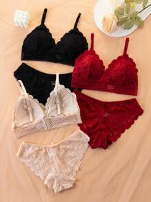 Conjunto de lencería de 3 colores con diseño de encaje y malla, sujetador push-up y bragas transpirables con copas delgadas para mujer