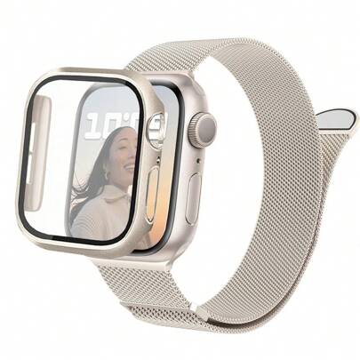 1 Set Fashion 3-In-1 Magnetic Stainless Steel Milanese Watch Band & Case Film Combo With Double Row Rhinestones Compatible With Apple Watch 38mm 40mm 41mm 45mm 44mm 42mm 46mm 49mm, Apple Watch Ultra Series Ultra 9 8 7 6 5 4 3 2 1 SE Series 10, Comfortable Breathable Replacement Strap, Scratch-Resistant Waterproof Shock-Proof Watch Protective Case For Women And Men