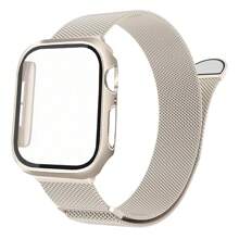 1 Set Fashion Trendy 3-In-1 Magnetische Roestvrijstalen Milanese Horlogeband & Case Film Combo Met Dubbele Rij Strass-steentjes Compatibel Met 38mm 40mm 41mm 45mm 44mm 42mm 46mm 49mm, Ultra Series Ultra 9 8 7 6 5 4 3 2 1 SE Series 10, Comfortabele Ademende Vervangende Band, Krasbestendige Waterdichte Schokbestendige Horloge Beschermhoes Voor Vrouwen En Mannen