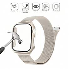 1 Set Fashion Trendy 3-In-1 Magnetische Roestvrijstalen Milanese Horlogeband & Case Film Combo Met Dubbele Rij Strass-steentjes Compatibel Met 38mm 40mm 41mm 45mm 44mm 42mm 46mm 49mm, Ultra Series Ultra 9 8 7 6 5 4 3 2 1 SE Series 10, Comfortabele Ademende Vervangende Band, Krasbestendige Waterdichte Schokbestendige Horloge Beschermhoes Voor Vrouwen En Mannen