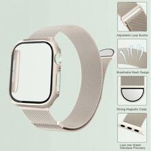 1 Set Fashion Trendy 3-In-1 Magnetische Roestvrijstalen Milanese Horlogeband & Case Film Combo Met Dubbele Rij Strass-steentjes Compatibel Met 38mm 40mm 41mm 45mm 44mm 42mm 46mm 49mm, Ultra Series Ultra 9 8 7 6 5 4 3 2 1 SE Series 10, Comfortabele Ademende Vervangende Band, Krasbestendige Waterdichte Schokbestendige Horloge Beschermhoes Voor Vrouwen En Mannen