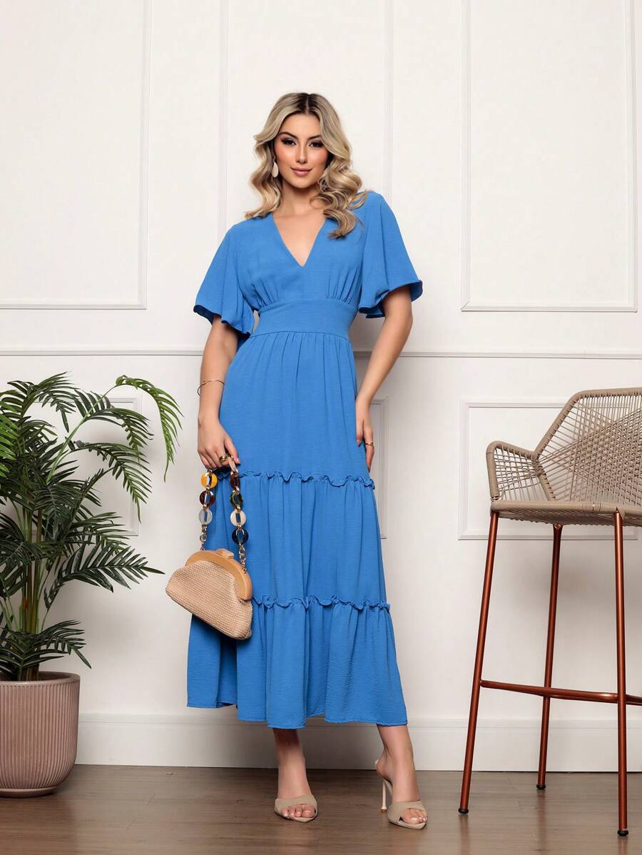 Vestido Longo decote em V manga curta soltinha quadril folgado serve para Gestante