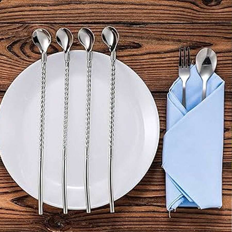 -Friendly Mixing Stirring Spoon With Reusable Stainless Steel Straw Set (6 Pieces) - Silver - View 1