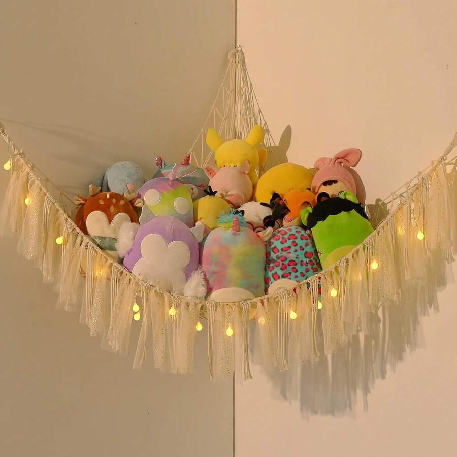 毛绒动物收纳花边编织波西米亚风毛绒玩具网 带灯毛绒动物吊床 宠物网 毛绒动物角落悬挂式毛绒动物支架 泰迪熊网 适用于儿童房、家居装饰、房间装饰、墙面装饰