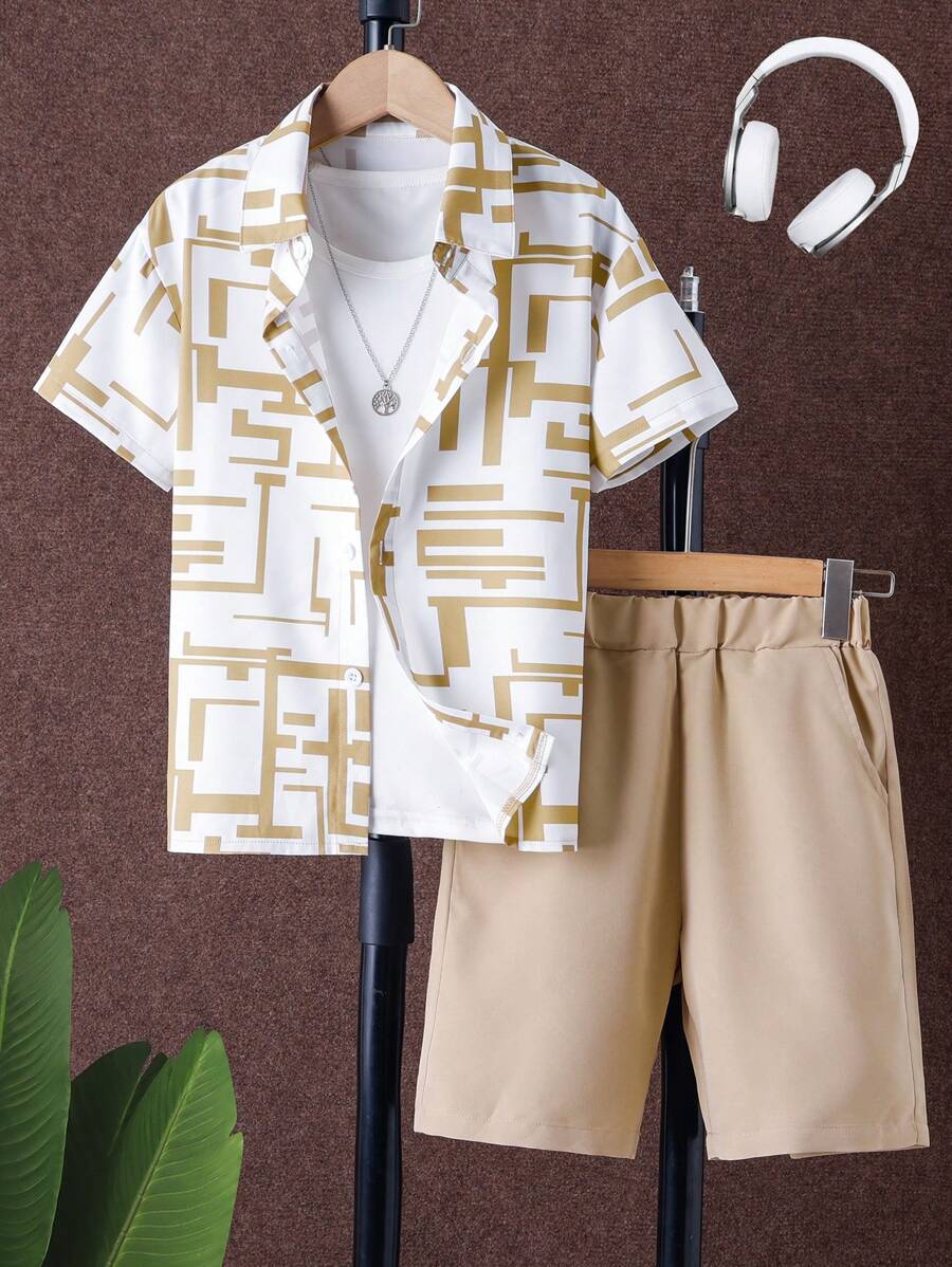 Tween Boy Printed Short Sleeve Shirt And Shorts Set, Perfect For Spring/Summer Casual Wear - Khaki - View 1