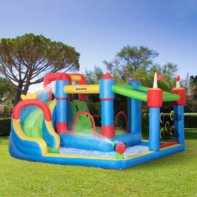  Outsunny Castillo Hinchable Infantil con Tobogán Castillo Hinchable para Niños 3-8 Años con Cama de Salto Piscina Inflador y Bolsa de Transporte 390x300x197 cm Multicolor