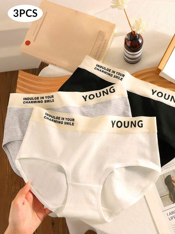 3pcs Women Breathable And Antibacterial Japanese-Style Mid-Rise Student Sports Wind Sweet Letter Triangle Panties
