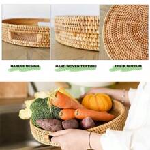 1pc Circular Handmade Wicker Tray, Japan-Style Fruit Plate With Handle And Storage Basket, Storage Basket, Wood Handle Tray, Bread Fruit Cake Serving Platter, Household Tray,Kitchen,Christmas Gift - Brown - View 3