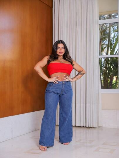 Calca Jeans Femini Pantalona  Wide Leg Lisa Cintura Alta