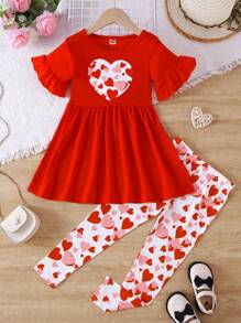 2入組年輕女孩休閒心形短袖針織上衣和褲子套裝，情人節/春季/夏季 - 紅色 - 查看 1