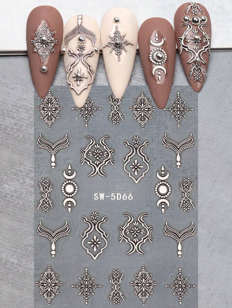 1pc Totem Relief Embossed Nail Sticker Decal,Silver 5D Self Adhesive Manicure Decoration Accessories Nail Supply For DIY Salon Design Nail Stickers - Silver - View 1
