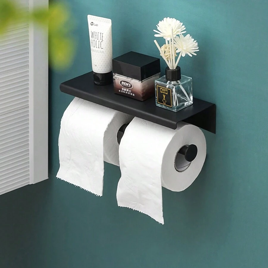 1pc Stainless Steel Toilet Paper Holder With Storage Shelf, Minimalist Design, Detachable, Multi-Functional Kitchen/Bathroom Storage Rack, Black Wall-Mounted Double-Roll Tissue Dispenser - Black - View 1