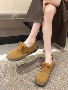 女式復古尖頭分趾設計德比鞋,採用綁帶閉合式,低跟樂福鞋,舒適時尚通用鞋款 - 棕色 - 查看 4