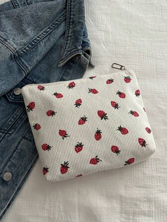 Strawberry Shaped Corduroy And Canvas Women's Handbag, Cosmetic Bag, Lovely & Cute Small Bag, Phone Bag, Coin Purse, Inner Storage Bag, Stationery Pouch For Middle And College Students, & Cute Strawberry Purse Valentines