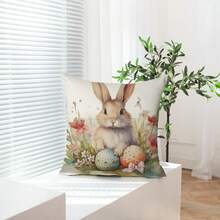 4入組可愛兔子、復活蛋和花朵圖案亞麻枕套,不含枕芯,適用於腰墊、坐墊和裝飾用途,完美適用於農家風格的復活節派對/春季房間裝飾 - 彩色 - 查看 5