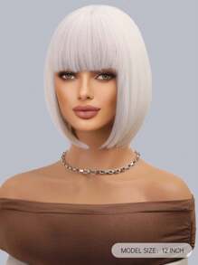 HAIRCUBE 12 Inch White Straight Short Bob Hair Wigs White Short Bob Hair Wigs, With Bangs For Women Cosplay Daily Party Halloween Wigs - trắng - Xem 3