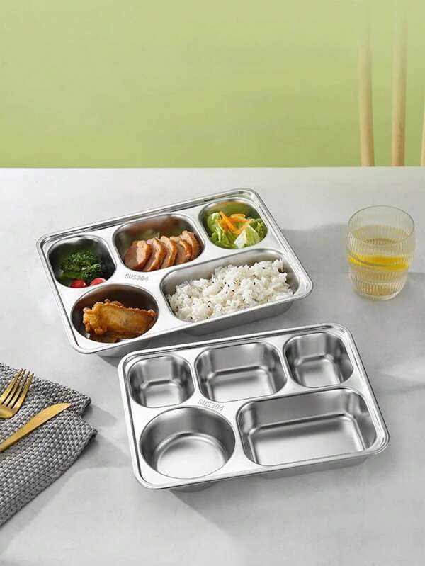 XIYIJIA 1 pièce Assiette à déjeuner divisée en acier inoxydable pour la nourriture, les collations, les gâteaux. Parfait pour les restaurants, les écoles, les fast-foods, les cantines. Cadeau de Noël