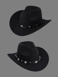 1個女士純色爵士帽,珍珠花裝飾、pu皮帶、翹邊設計,適用於春秋旅行防曬時尚西部牛仔帽,適合日常穿著boho - 桃心翹邊禮帽 - 查看 2