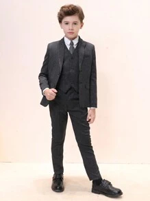 Tween Boys' Striped Lapel Suit Jacket And Pants Formal Wear - Black - View 4