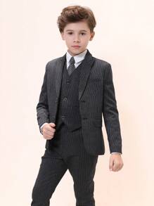 Tween Boys' Striped Lapel Suit Jacket And Pants Formal Wear - Black - View 2