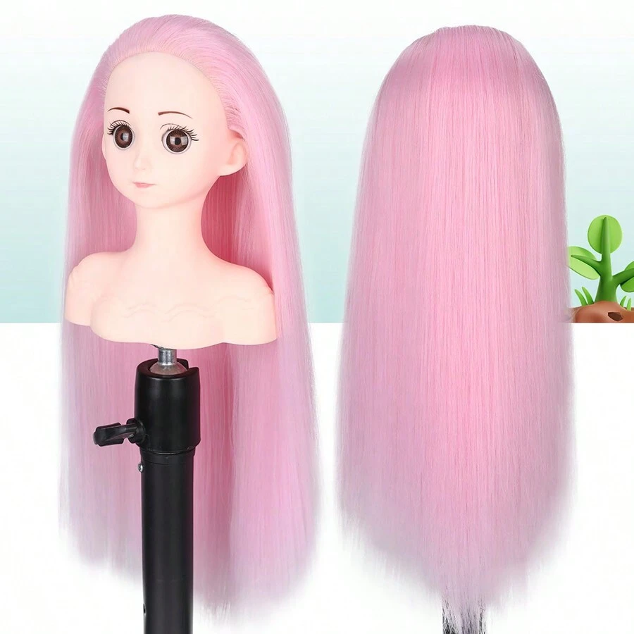 附有16英寸假髮的人偶頭,用於女孩子的造型和編髮練習,金色合成材料訓練可愛的假人頭編髮髮型 - 粉色 - 查看 1