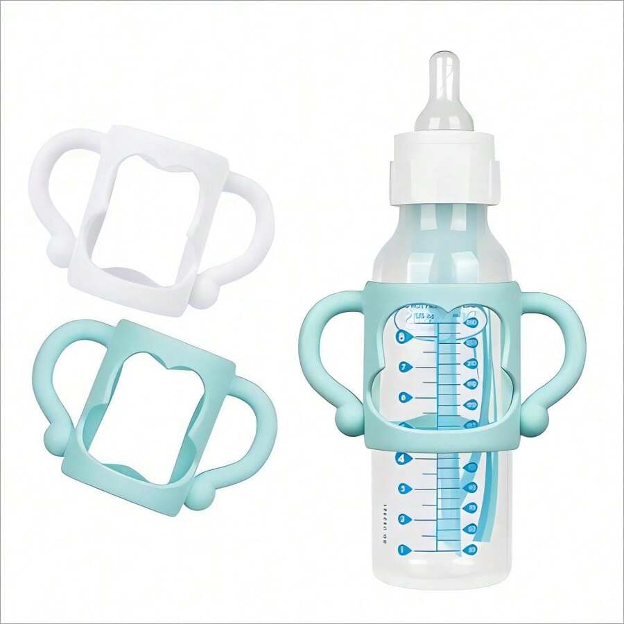 2 件婴儿奶瓶硅胶手柄，防滑奶瓶套，多功能软手柄，蓝色+白色