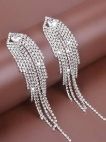 1對時尚心形流蘇耳環,鑲有鑽石裝飾,適合女士參加派對、婚禮等場合 - 銀色 - 查看 9