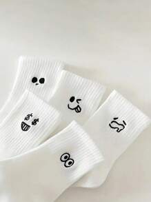 Sports Outdoor 5 Pairs Women's Cartoon Casual Socks Round Neck Mid Tube Fashionable Cute Expression Pattern Socks Casual Breathable Autumn Girls Socks - White - View 6