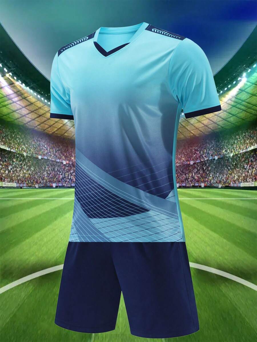 Zestaw mundurów piłkarskich dla mężczyzn w stylu Boyfriend, do uprawiania sportów na świeżym powietrzu, dekolt w serek, geometryczny wzór gradientowy, góra i gładkie spodenki, wiosenne topy, koszulka Ronaldo - Burzowy niebieski - Zobacz 1