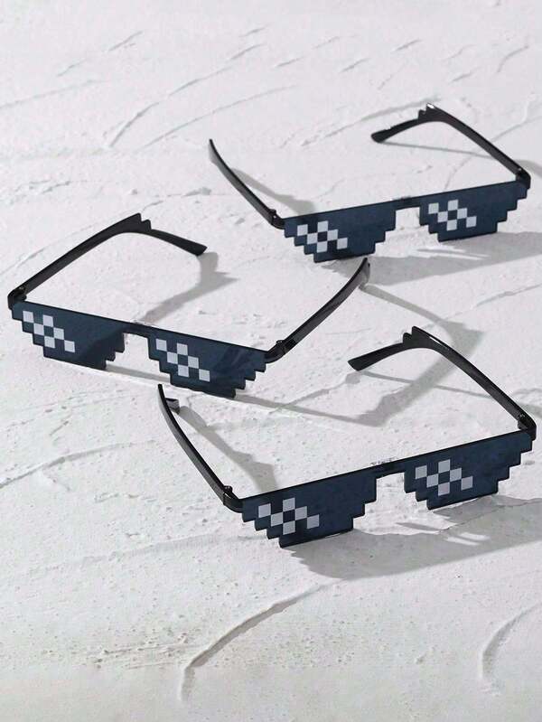 3 Pairs Of Mosaic Fashion Glasses, Anime-Style Pixelated Glasses, Party Glasses