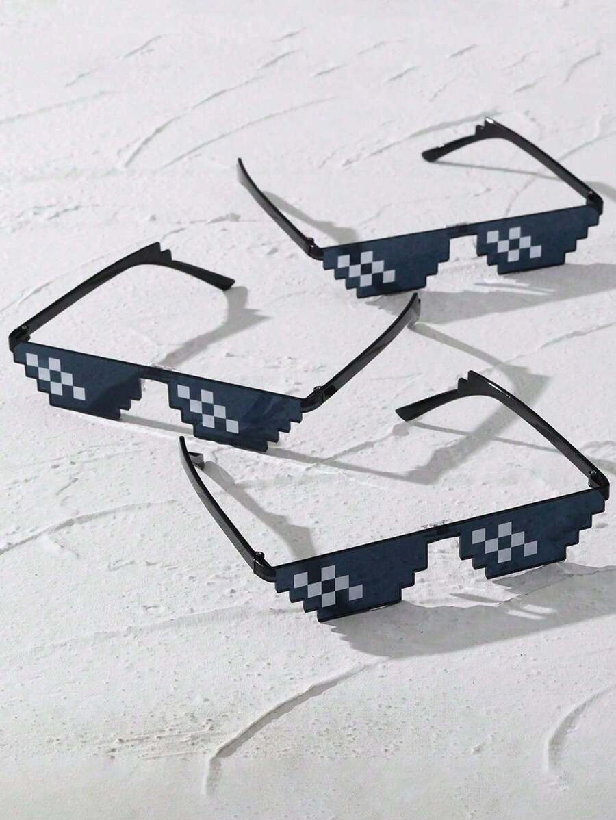 3副马赛克时尚眼镜，动漫风格像素眼镜，派对眼镜 - 黑與白 - 查看 1