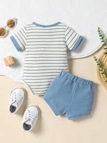 Conjunto de 2 piezas de mono de rayas casual y pantalones cortos de unicolor para recién nacidos niños, para verano