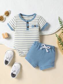 Conjunto de 2 piezas de mono de rayas casual y pantalones cortos de unicolor para recién nacidos niños, para verano