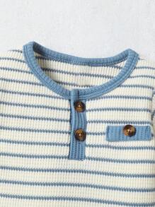 Conjunto de 2 piezas de mono de rayas casual y pantalones cortos de unicolor para recién nacidos niños, para verano