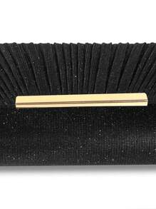 SIIZA Black Elegant Ruched Square Bag With Metal Decor Flap Bag Glamorous Glitter Evening Bag For Wedding For Banquet , Rhinestone Purse, Perfect For Party, Wedding, Prom, Dinner/Banquet, Matching With Wedding Dress, Formal Dresses, Prom Dress, Birthday Dress - Black - View 10