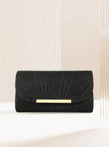 SIIZA Black Elegant Ruched Square Bag With Metal Decor Flap Bag Glamorous Glitter Evening Bag For Wedding For Banquet , Rhinestone Purse, Perfect For Party, Wedding, Prom, Dinner/Banquet, Matching With Wedding Dress, Formal Dresses, Prom Dress, Birthday Dress - Black - View 11