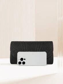 SIIZA Black Elegant Ruched Square Bag With Metal Decor Flap Bag Glamorous Glitter Evening Bag For Wedding For Banquet , Rhinestone Purse, Perfect For Party, Wedding, Prom, Dinner/Banquet, Matching With Wedding Dress, Formal Dresses, Prom Dress, Birthday Dress - Black - View 5