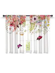 2 Piezas Cortinas De Bolsillo En Varilla De Patrón De Flores Y Mariposas Impresos Digitalmente En Multicolor Para Decoración Del Hogar, Todas Las Estaciones, Adecuadas Para La Cocina - Multicolor - Ver 3