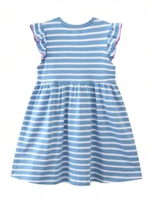 Vestido De Manga Corta Con Bordado De Unicornio Para Niñas, Ideal Para El Verano - Azul y blanco - Ver 2