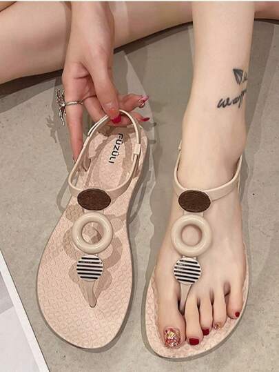2024 New Summer Leisure Flat Hollow Out Buckle Strap Women's Sandals Beach Slipper With Anti-Skid Soft Sole And Bohemian Style To Create A Fairy-Like Fashion, Also As Roman Sandals