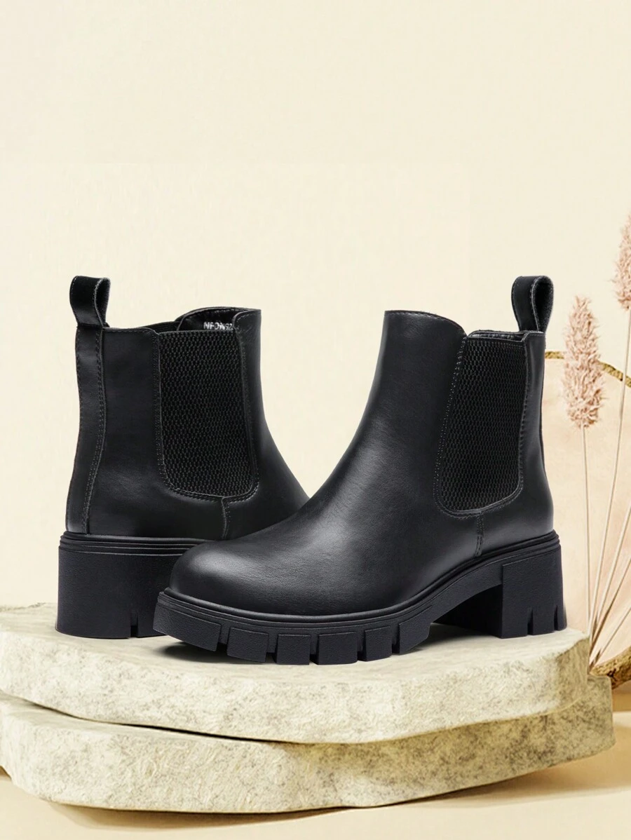 Comfyshoes Women's Chelsea Ankle Boots, Fashion Lug Sole Platform Combat Booties - màu đen - Xem 1