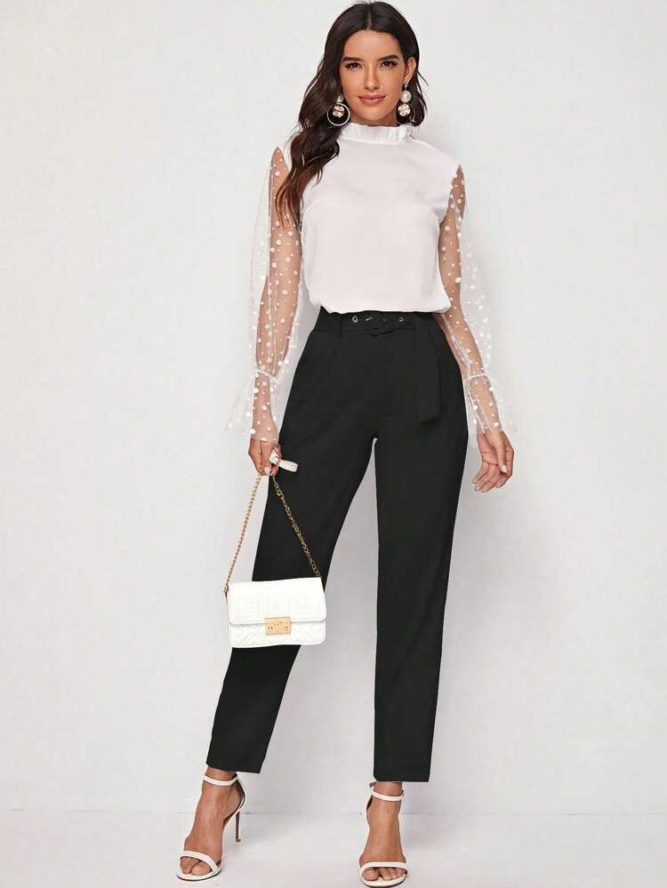 Pantalones de vestir con cinturón ancho estilo coquette - Negro - Añade 5