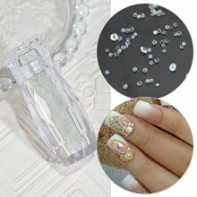 1 Bottle Ultra-Mini 1.2Mm Nail Rhinestones+Beads Sand Nail Diamonds Micro Pixie Rhinestone For Nails Iridescent Ab Bling, Tiny Nail Gems Sugar Glitter Beads Nail Charms, Nail Tray(Clear Ab) Nail Supplies Nails - White - View 3