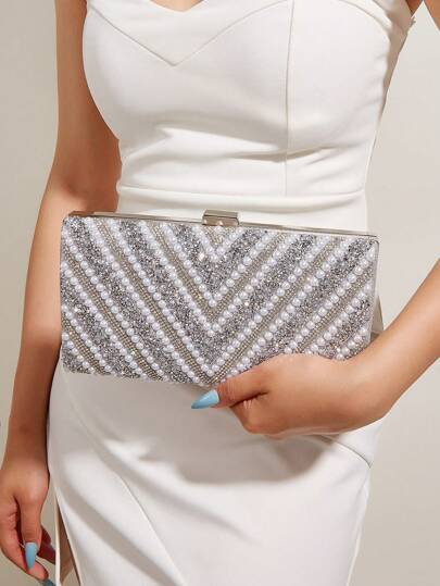 Vincy 闪光手提包水钻和人造珍珠 V 形手拿包，适合晚会，轻巧优雅，适合不同场合，迷人的水钻包，优雅的人造珍珠手拿包，舞会包