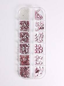 12格粉色鑽石鋼珠美甲玻璃水晶，美甲寶石扁平鑽石工藝品，珠寶鑽石石頭美甲套件DIY美甲魅力指甲用品 - 淺粉色 - 查看 8