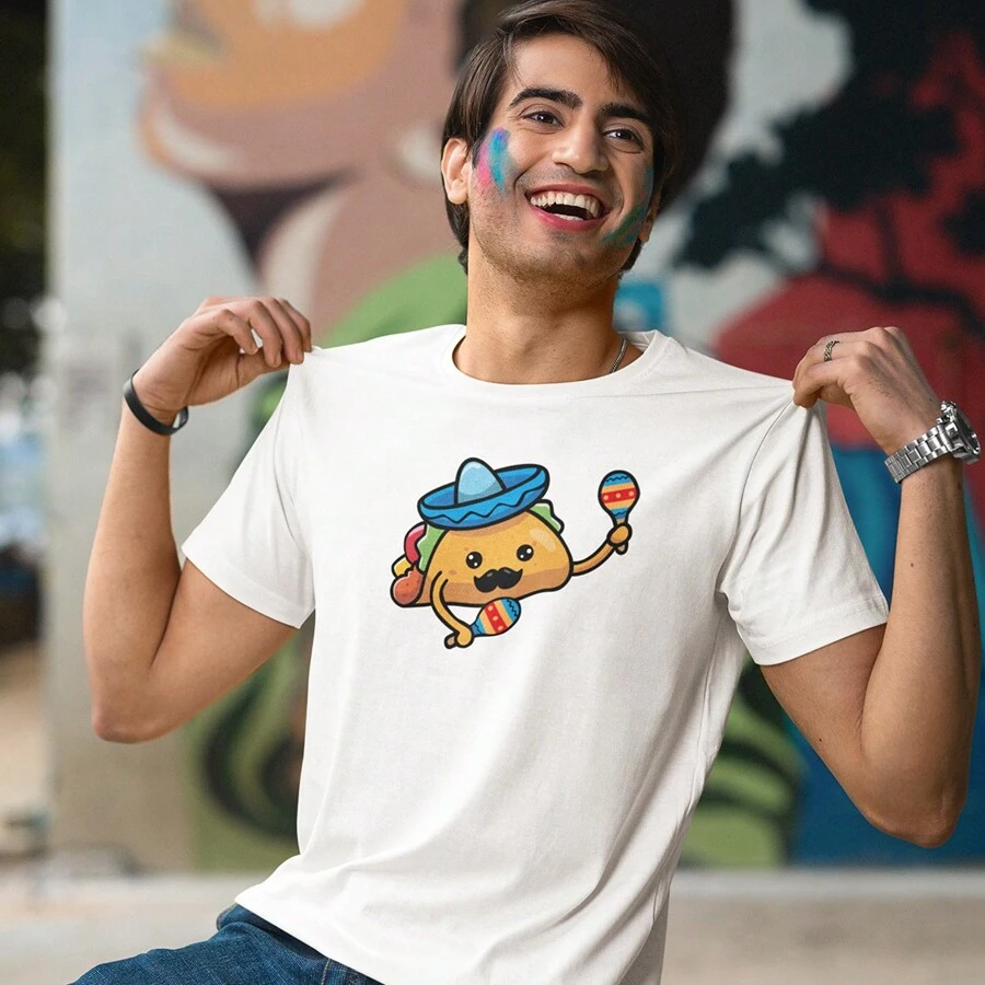 Playera para Hombre 1 Pza Estampado Taquitos Mexicanos para novios o parejas San Valentin Día del amor y la amistad Fiestas Patrias - Blanco - Ver 1