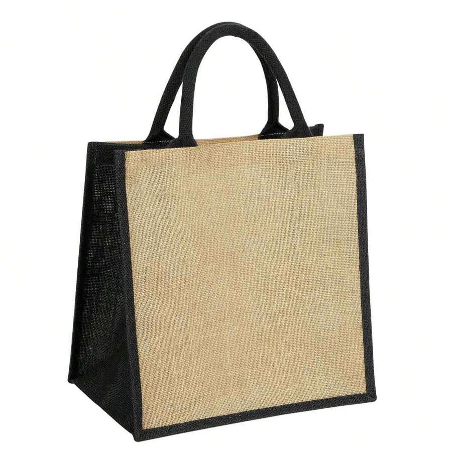 Bolsa yute spring colores con asas algodon interior plastificado laminado, eventos boda fiesta alimentos playa super - Negro - Ver 1