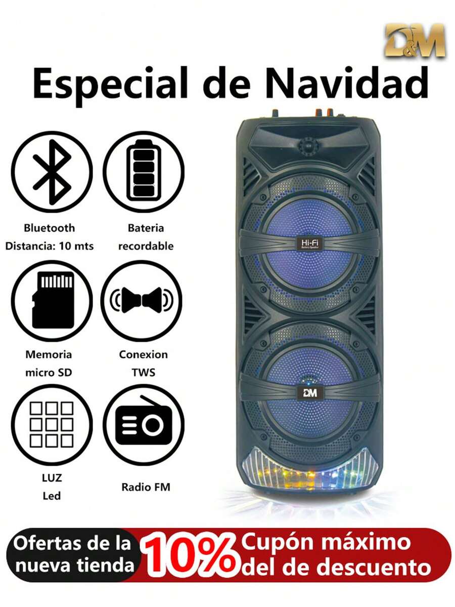 LED Bocina Bluetooth Portátil,Altavoz Inalámbrico Bluetooth 8 Pulgadas, Altavoz Bluetooth Portátil con Sonido Estéreo HD,Alcance de 10 m de Bluetooth,Bajo Rico,Sonido HIFI para Picnics,Fiestas,Exteriores,Viajes,Festival de música - Negro - Ver 1