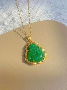 1pc Vintage Fashionable Green Jade Buddha Pendant Necklace For Kids For Daily Life - Yellow Gold - View 2